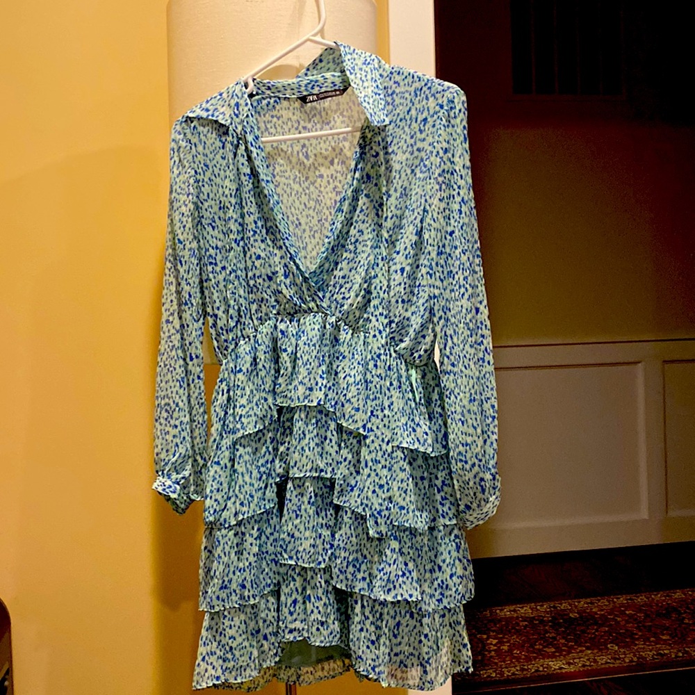 Zara long sleeve sea glass green and blue ruffled dress